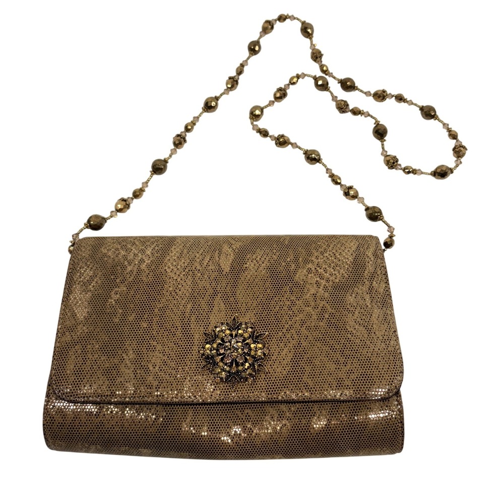 Todd Anthony New York Vintage Gold Metallic Faux Snakeskin Beaded Strap Bag